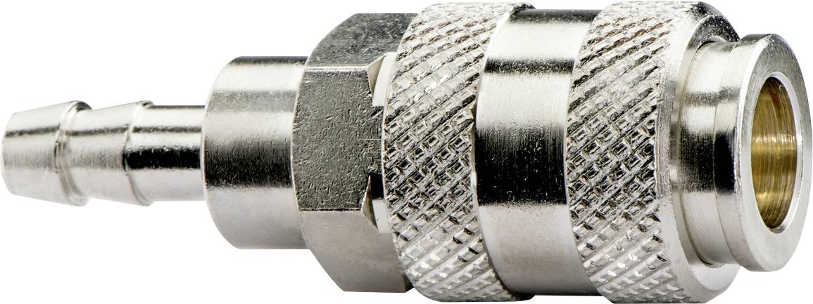 Nahaufnahme einer Metall-Schnellkupplung für Schläuche mit gerillter Verschlusshülse und männlichem Steckerende.