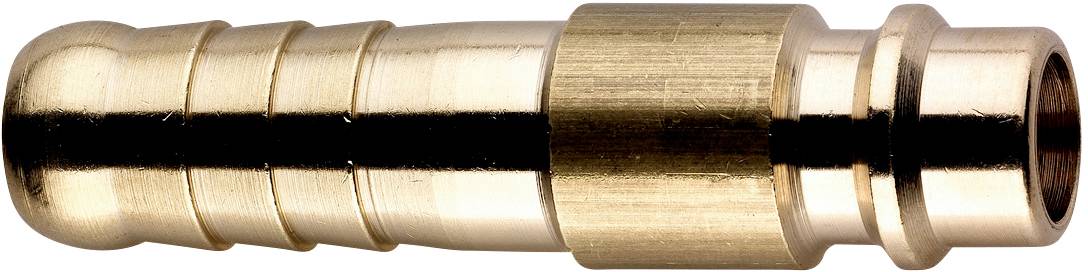 Un raccord à emboîtement en laiton avec extrémité cannelée, de forme cylindrique, en matériau brillant, adapté aux connexions de tuyaux.