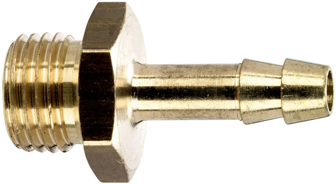 Adaptateur métallique avec filetage externe d'un côté et embout cannelé pour tuyaux de l'autre côté, de couleur or.