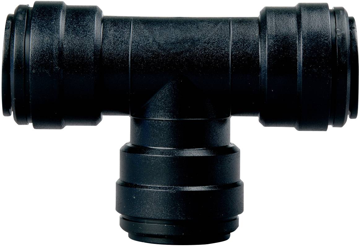 Un raccord en T noir pour tuyauterie, adapté pour la connexion de trois tubes.