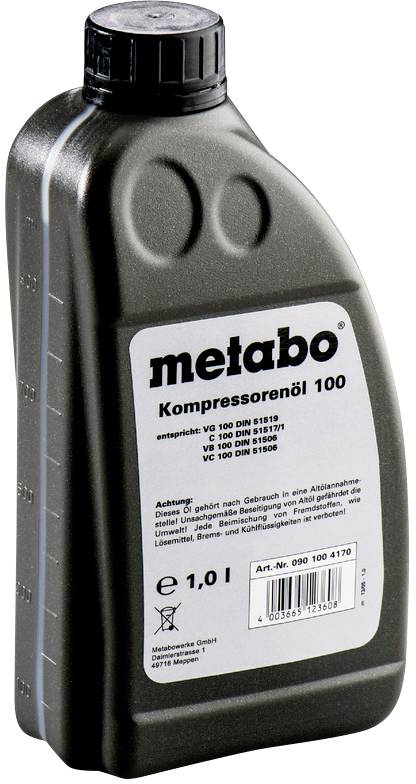 Bouteille de 1 litre d'huile pour compresseur Metabo 100 pour compresseurs. L'étiquette indique le nom du produit, les spécifications et les avertissements.