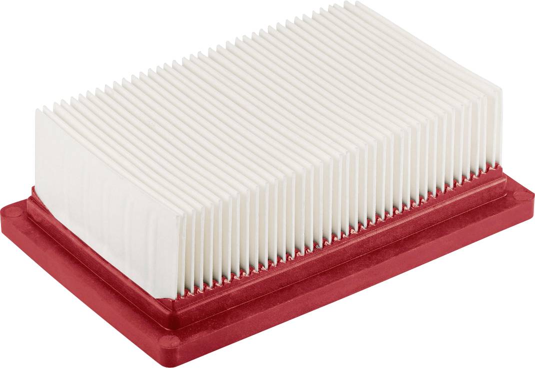 Filtre à air rectangulaire plissé blanc avec une base en caoutchouc rouge sur un fond neutre.