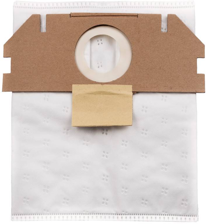 Sac blanc pour aspirateur avec collet de montage en carton brun et ouverture circulaire centrée au sommet.