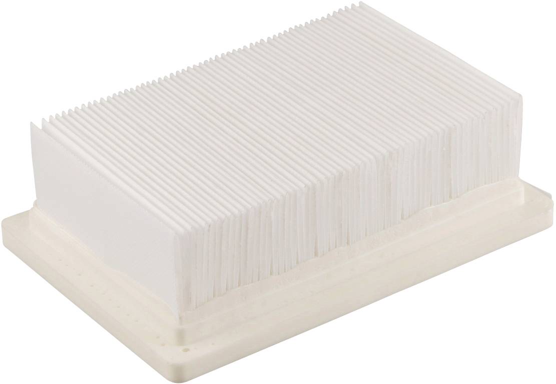 Filtre à papier blanc rectangulaire sur un support en plastique beige. Le filtre possède de nombreuses lamelles pliées.