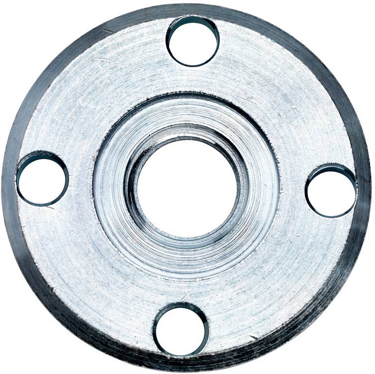 Bride métallique circulaire avec un grand trou central et quatre petits trous de boulonnage, présentée de face sur un fond blanc.