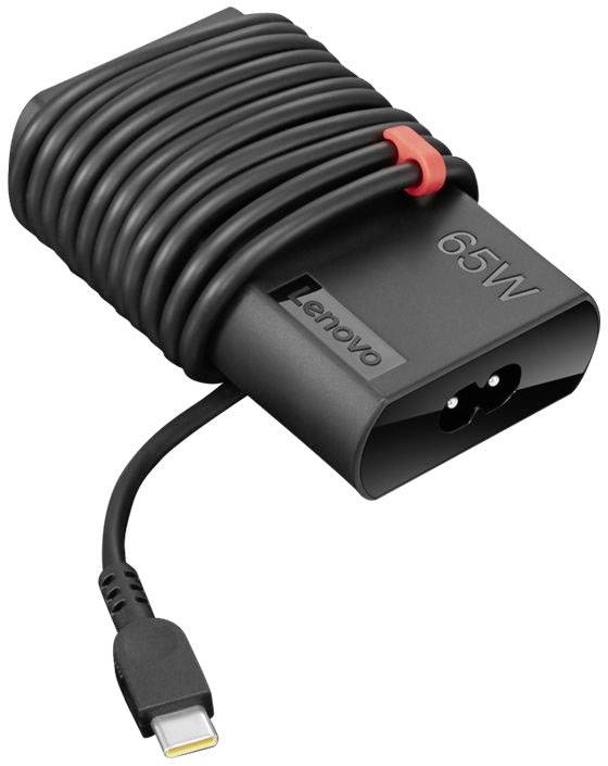 Un chargeur Lenovo noir de 65W avec port USB-C, soigneusement enroulé. Idéal pour recharger des appareils compatibles.