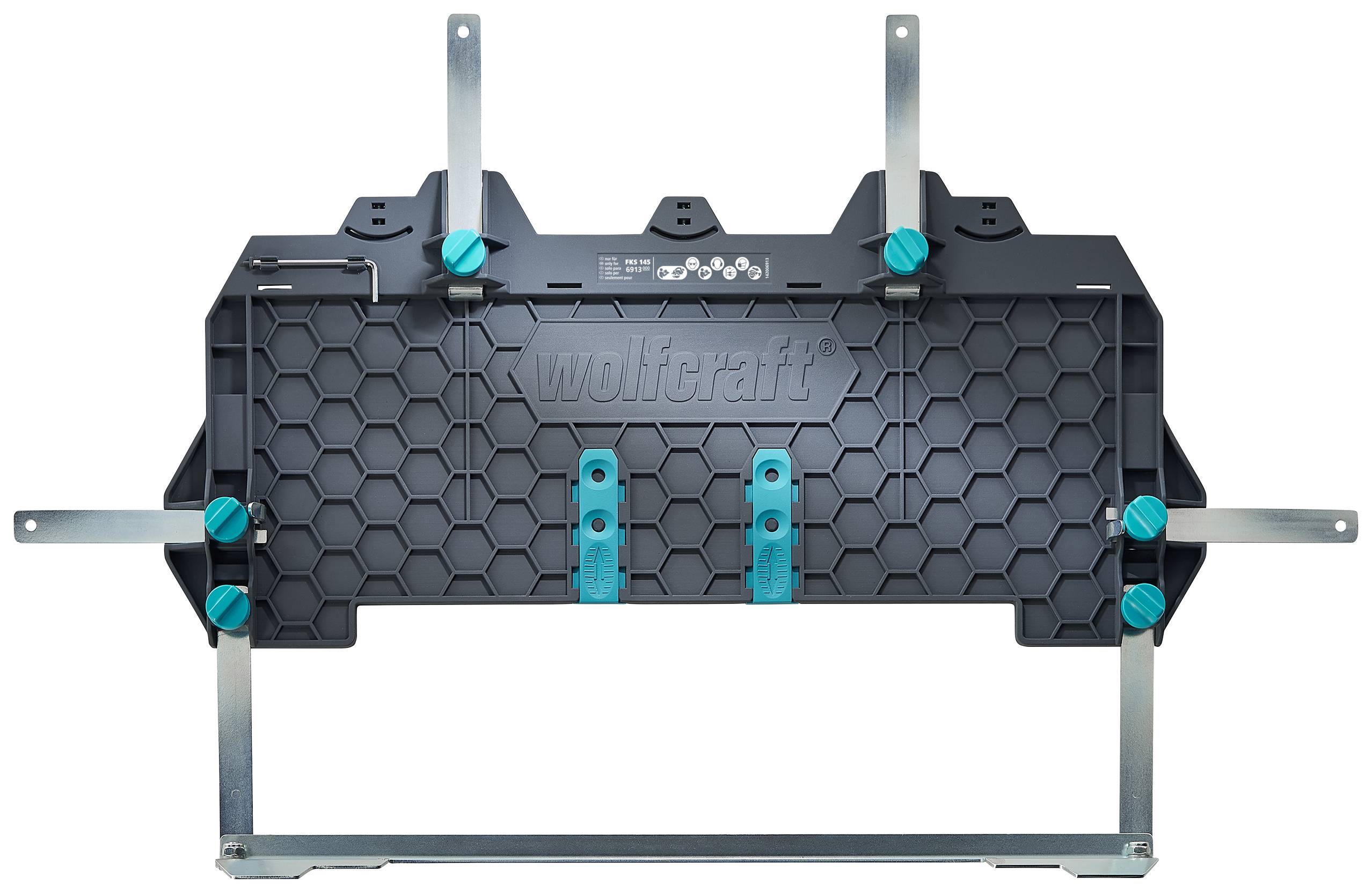 Un support d'outils noir en forme de nid d'abeilles avec des pinces turquoises, adapté pour maintenir des matériaux lors du sciage.