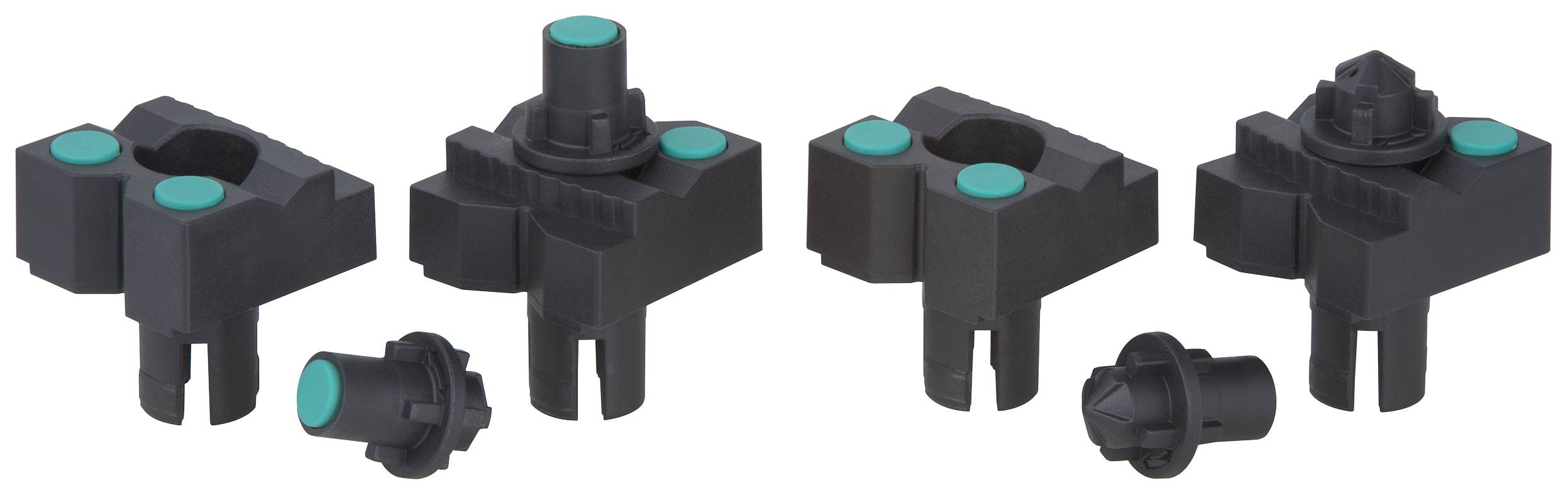 Quatre composants en plastique noir avec des coussinets verts à différentes distances. Adapté pour des applications mécaniques.
