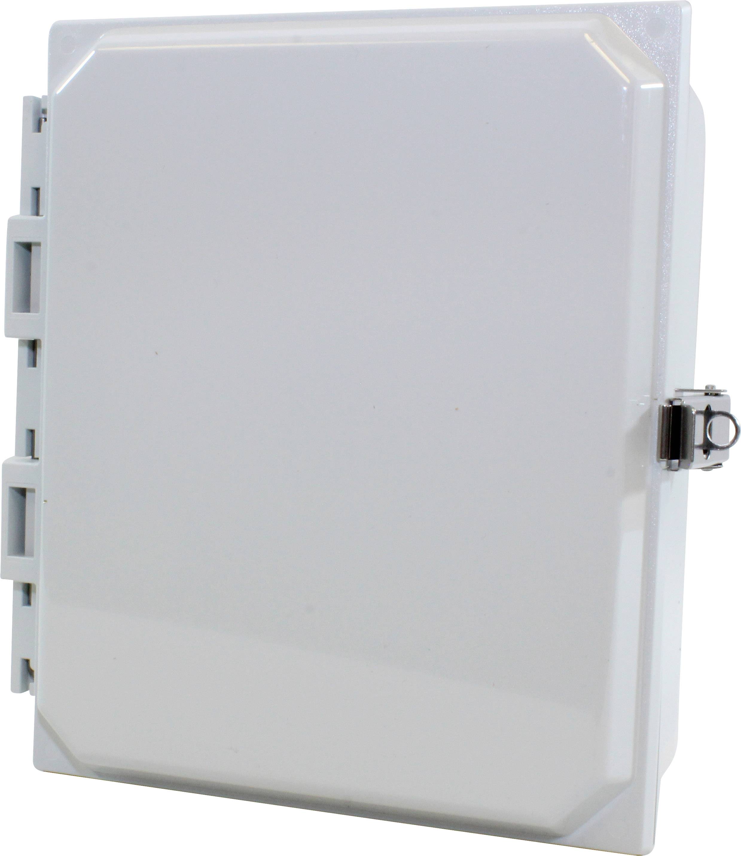 Boîtier de protection gris avec couvercle à fermeture. Utilisé pour la sécurisation de systèmes électriques ou d'autres systèmes sensibles.