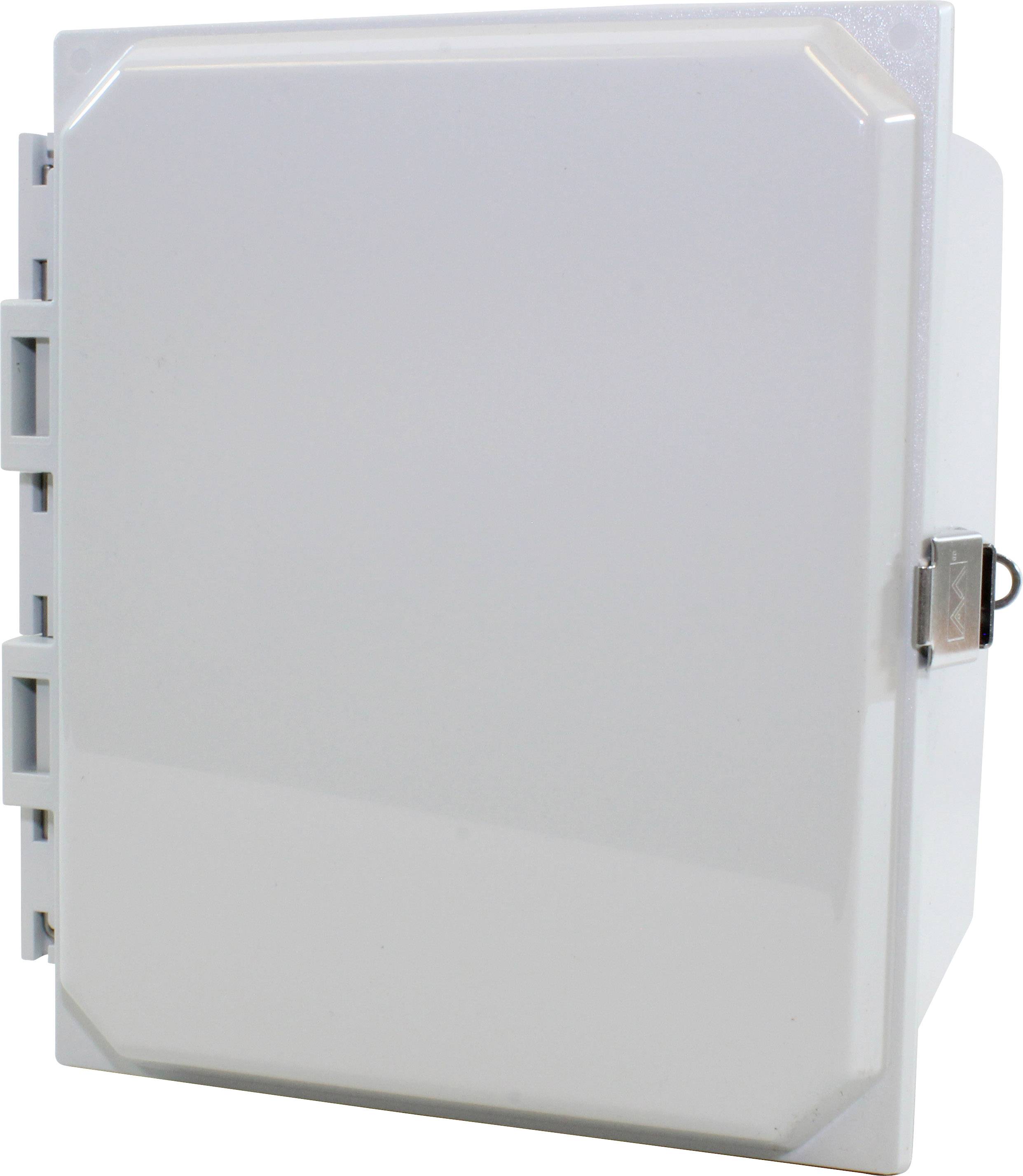 Un boîtier électrique blanc, fermé, de forme rectangulaire avec des charnières visibles sur le côté gauche.