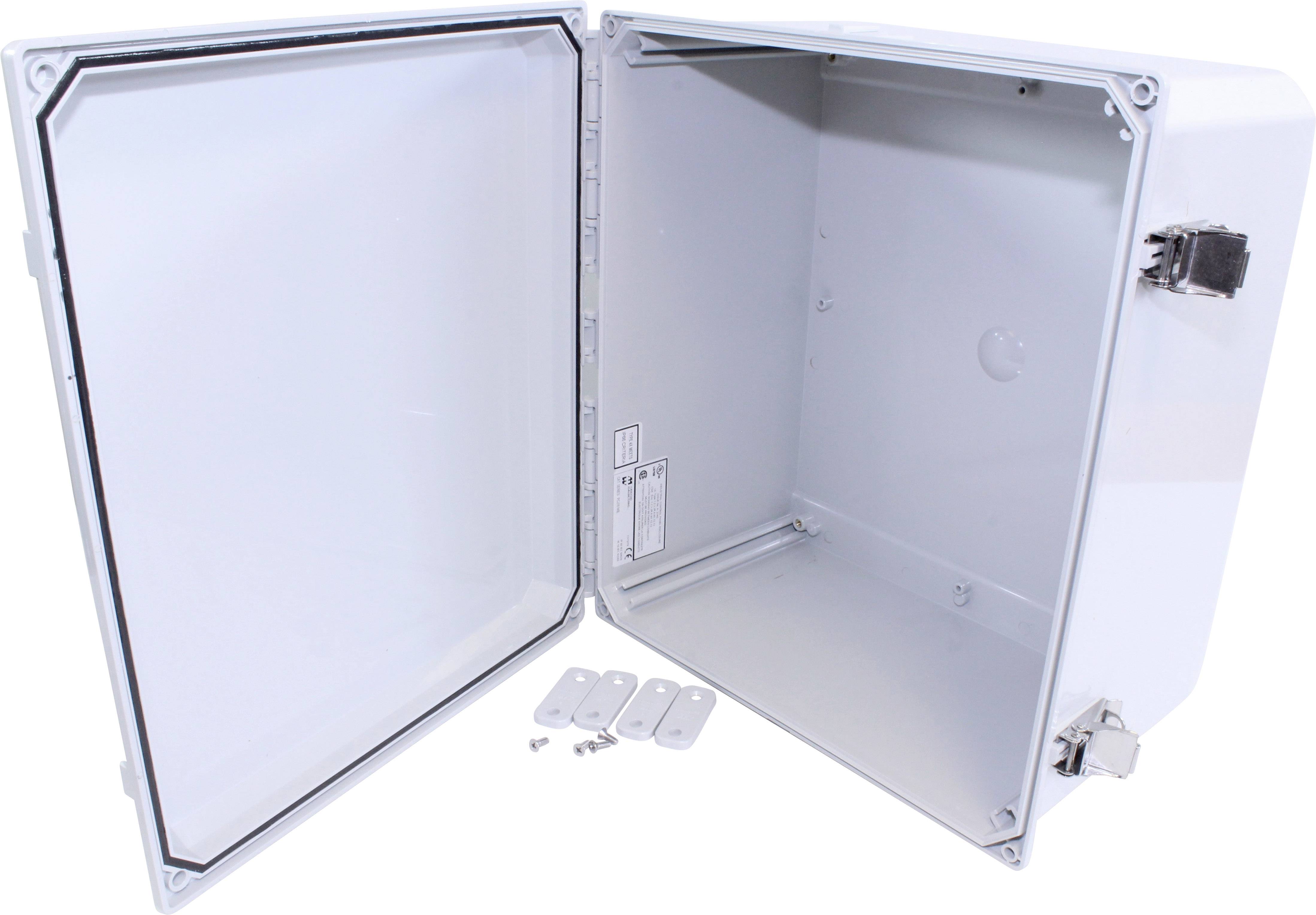 Armoire électrique ouverte et vide avec des pièces amovibles et des vis au sol. Idéal pour les applications industrielles.