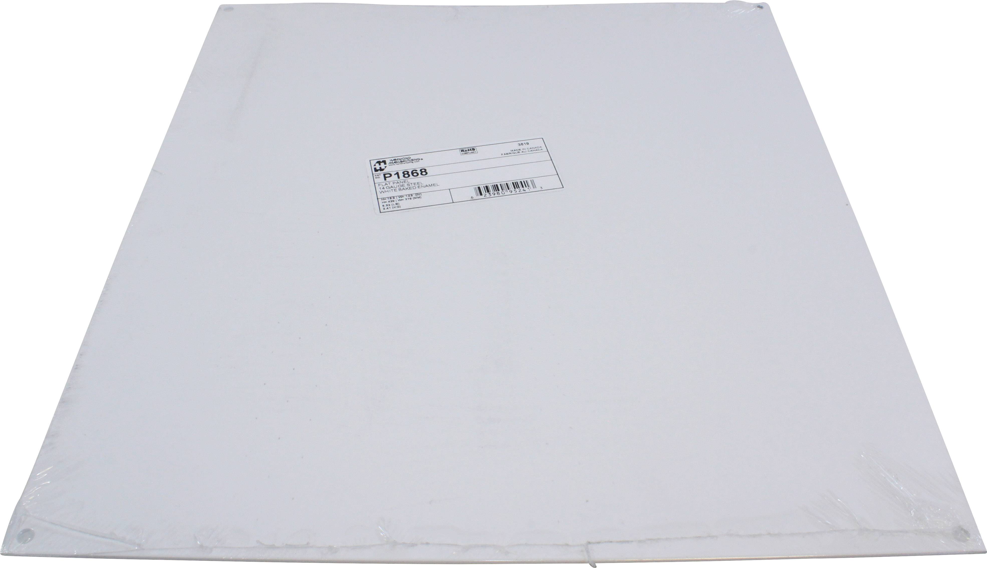 Plaque carrée blanche avec une étiquette centrale contenant des informations sur le produit.