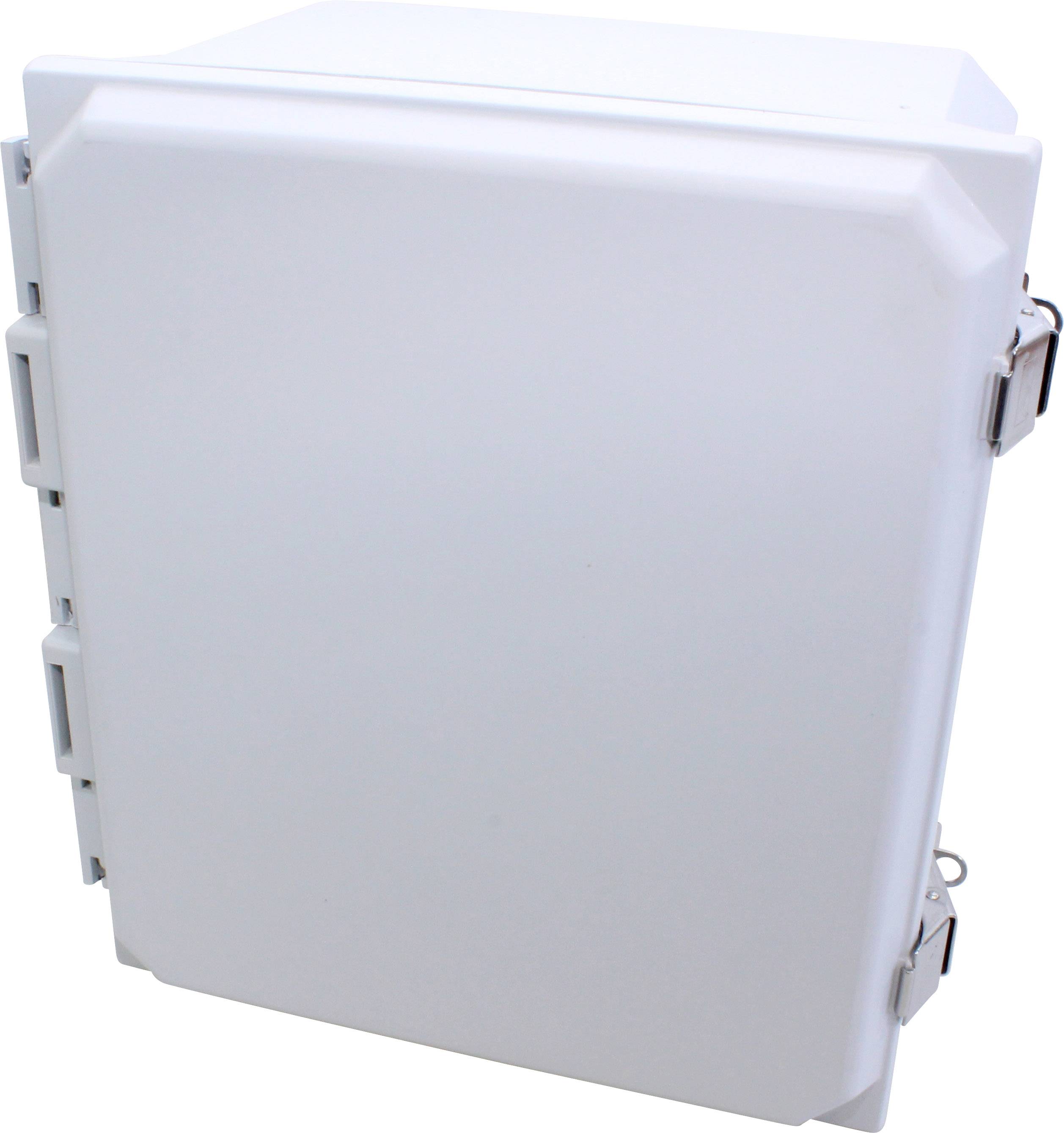 Un boîtier blanc rectangulaire avec plusieurs fermetures. Il est lisse et semble fabriqué dans un matériau stable.