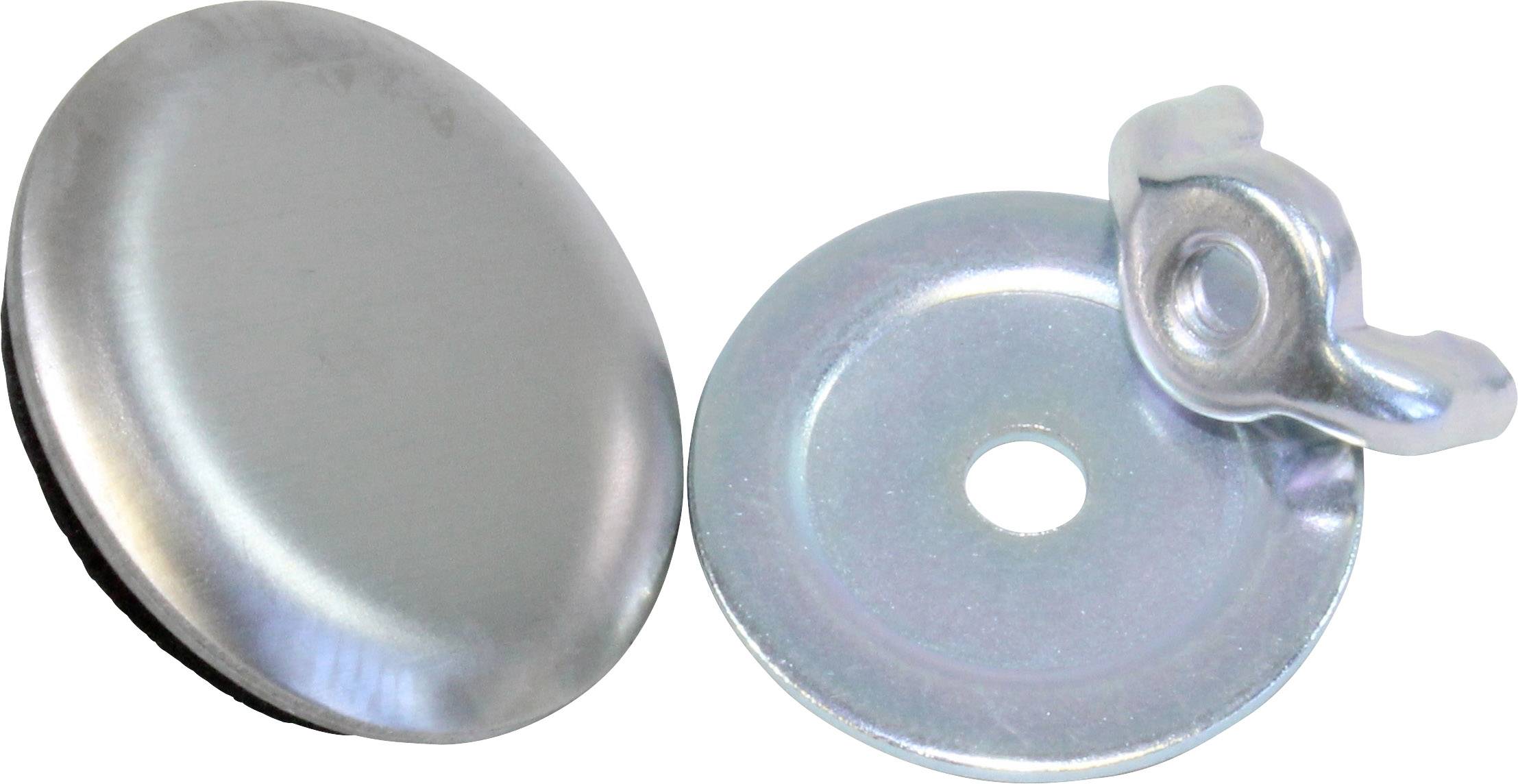 Deux capuchons métalliques, l'un montrant la face avant, l'autre la face arrière avec un écrou à oreilles pour la fixation.
