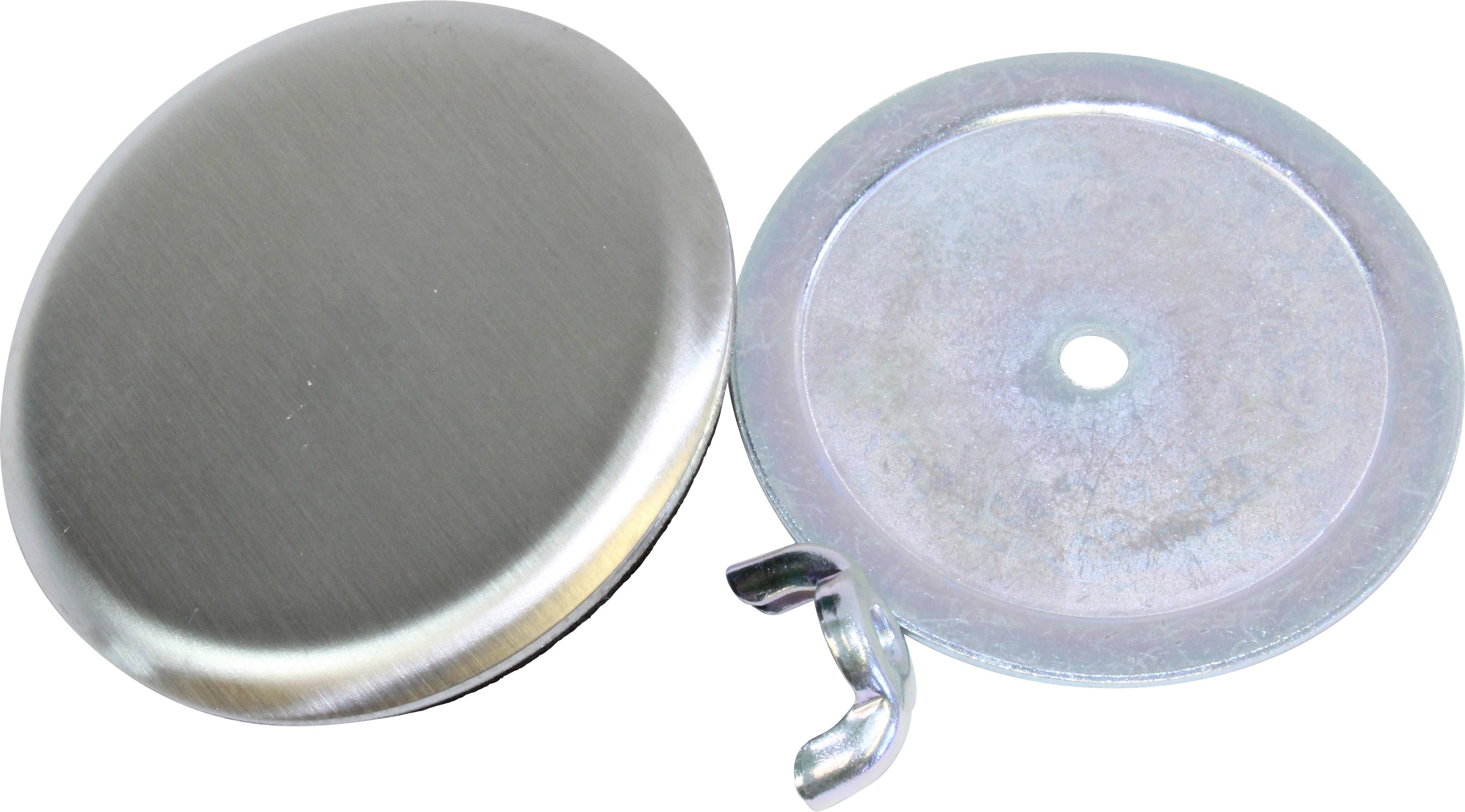 Deux boutons magnétiques en argent, dont un avec un crochet, sont posés côte à côte. Ils servent à fixer ou à suspendre des objets.