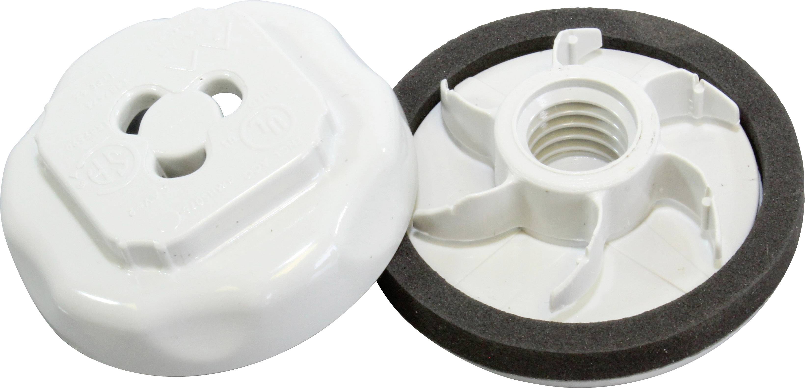 Deux pièces en plastique blanc et rondes avec un joint d'étanchéité noir. L'une présente un intérieur ouvert avec un filetage, l'autre est fermée.