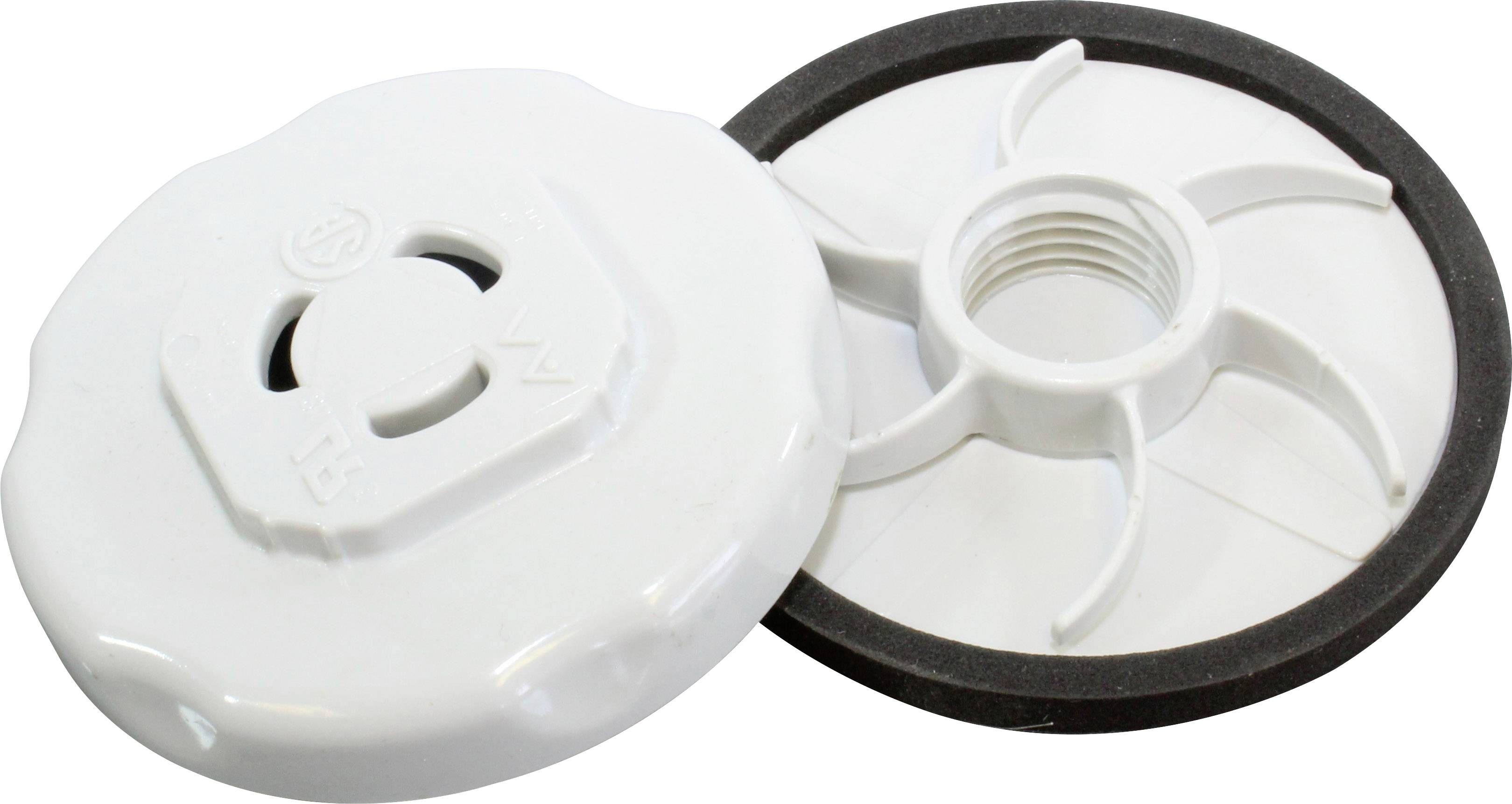 'Deux bouchons à vis blancs avec un joint noir, partiellement ouverts. L'un d'eux montre un filetage avec un motif en étoile à l'intérieur.'