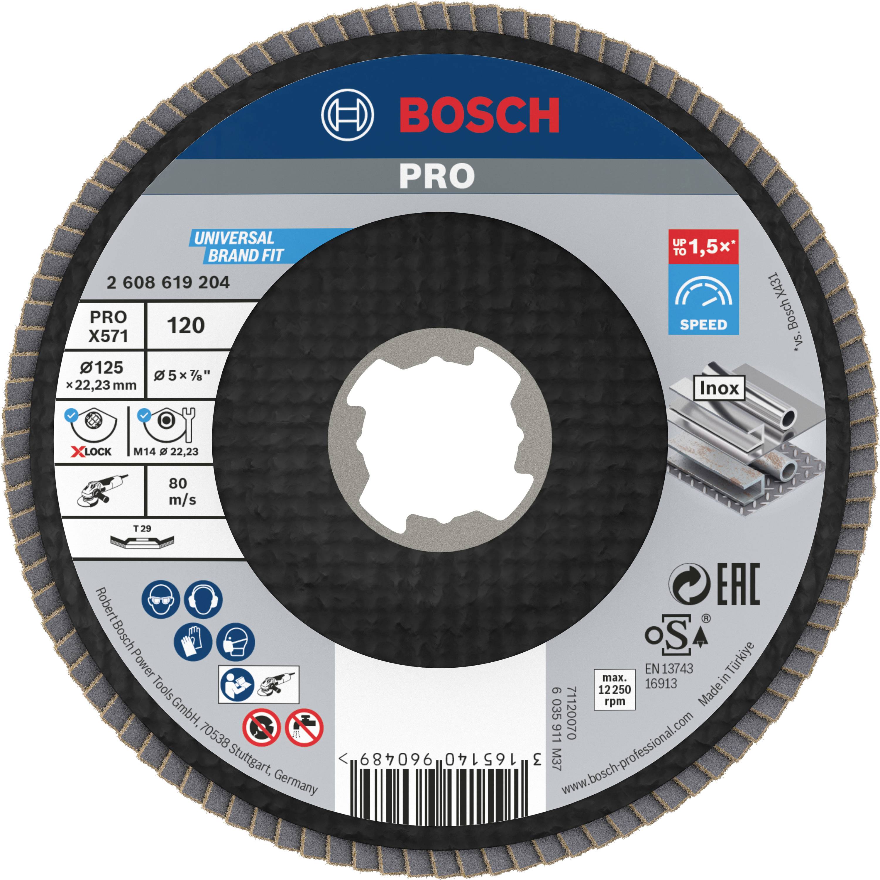 Disque à tronçonner Bosch, modèle PRO pour acier inoxydable, diamètre 125 mm, grain 120, adapté aux grandes vitesses et X-LOCK.