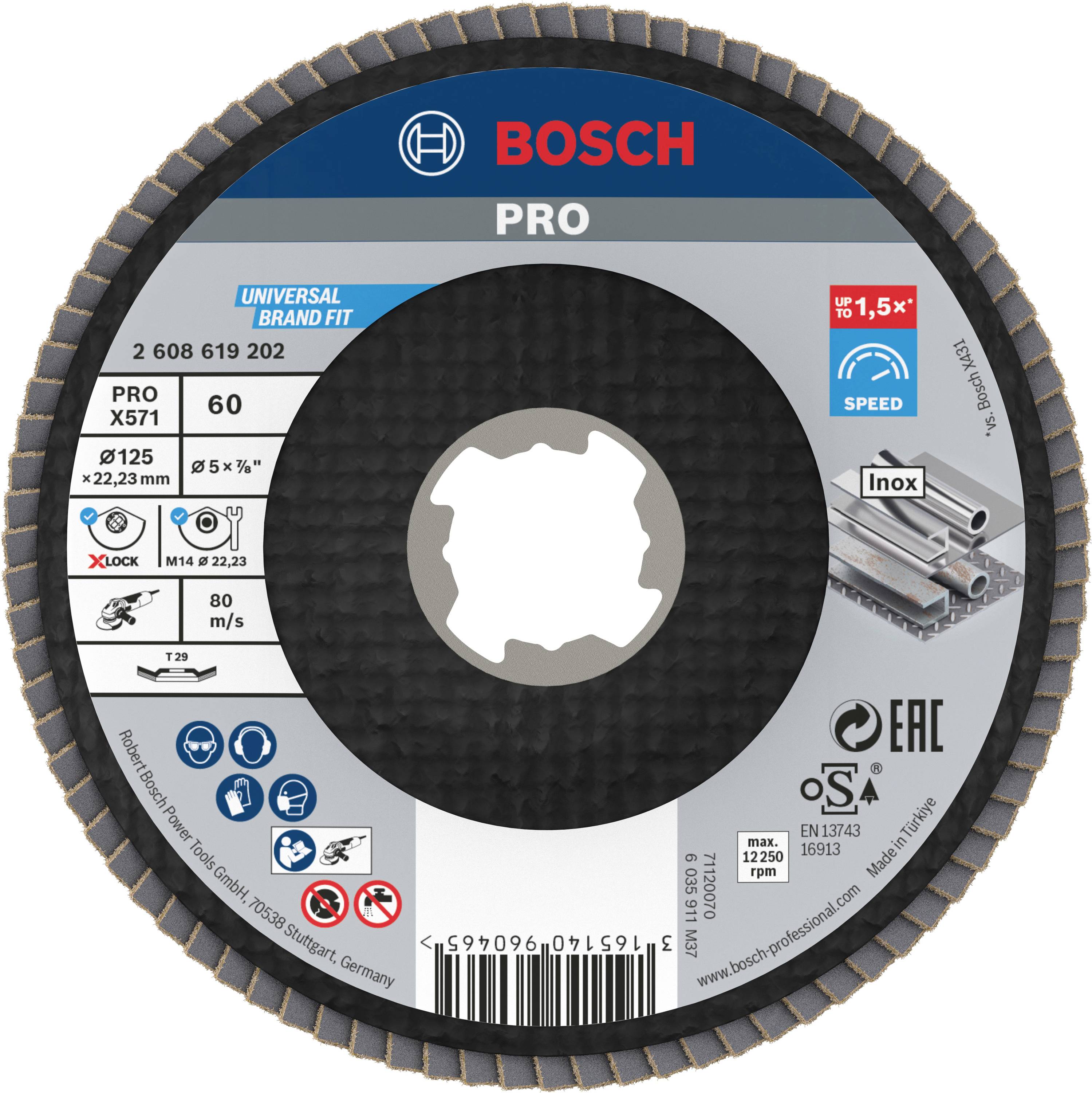 Disque à tronçonner Bosch pour Inox, PRO X571, diamètre 125 mm, alésage 22,23 mm, vitesse maximale 80 m/s à 12 200 tr/min.