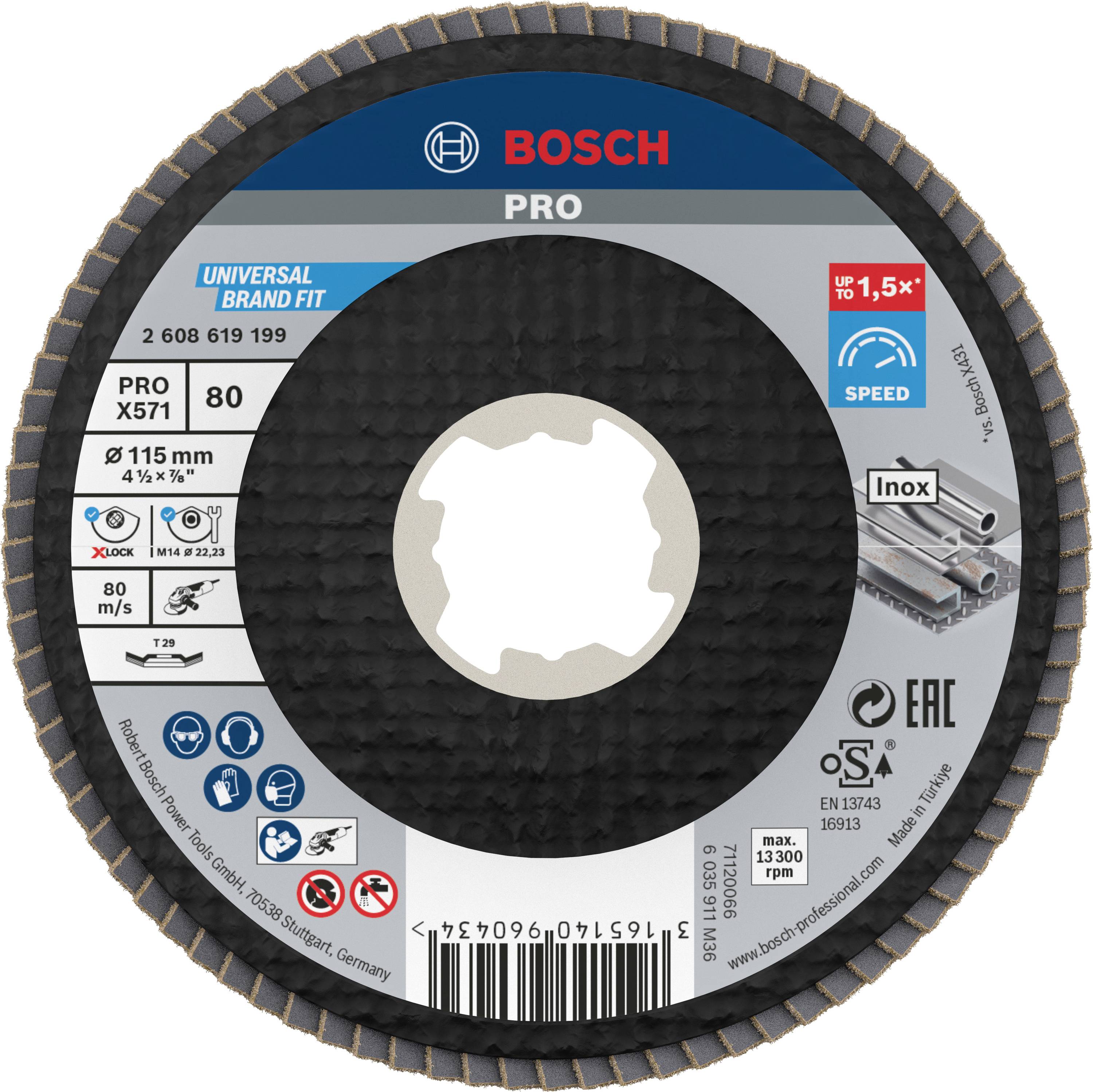 Disque à tronçonner Bosch Pro, Ø 115 mm, grain 80. Adapté pour l'inox. Vitesse jusqu'à 13 300 tr/min. Conforme à la norme EN 13743.