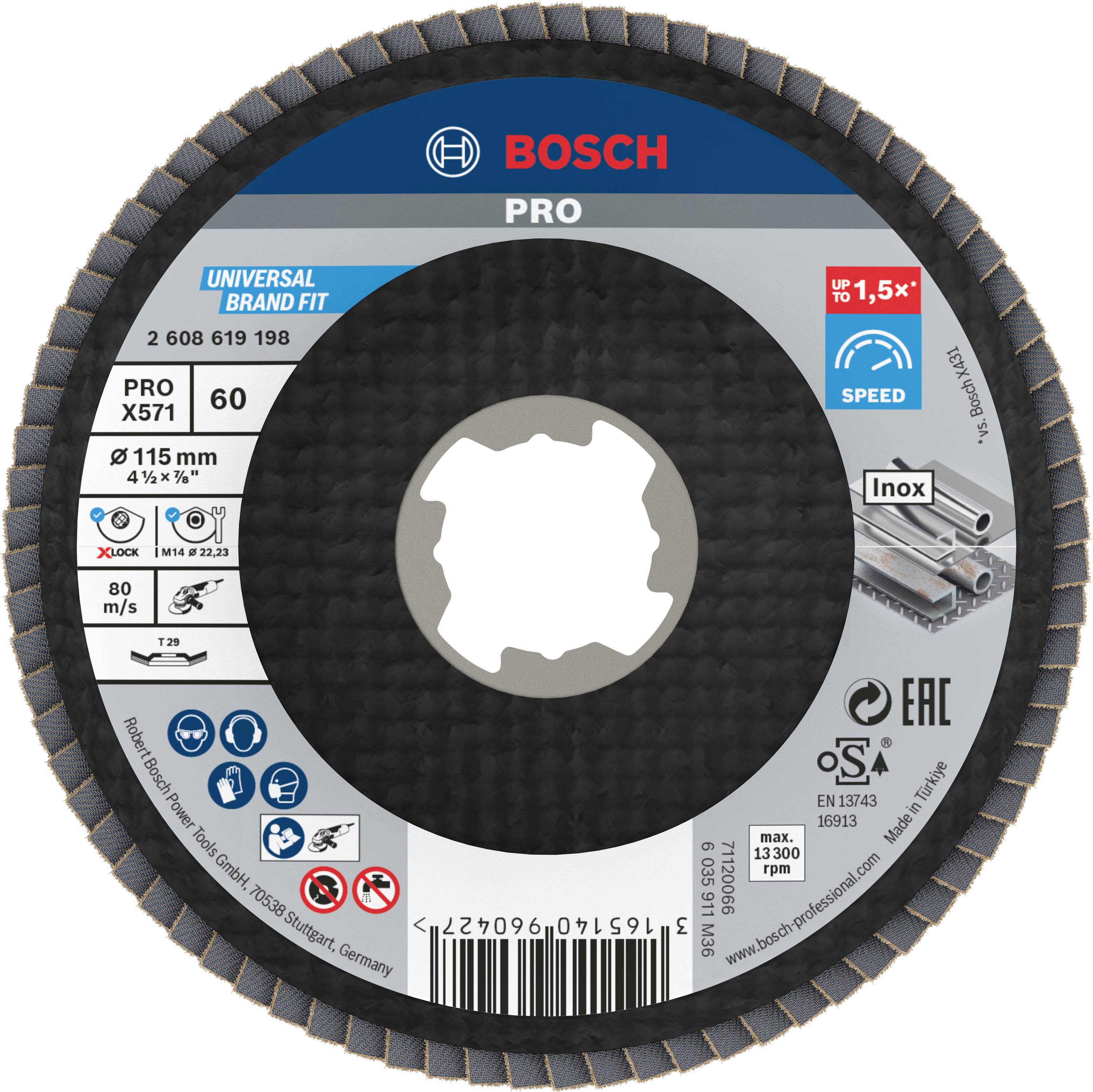 Disque à tronçonner Bosch PRO de 115 mm de diamètre, grain 60, adapté pour l'inox, avec une vitesse allant jusqu'à 1,5 fois supérieure, vitesse maximale de 13 300 tr/min.