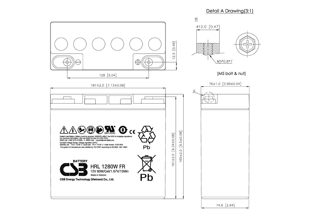 CSB Battery HRL 1280W high-rate longlife HRL1280W-FR Batterie au plomb 12 V 20 Ah plomb (AGM) (l x H x P) 181 x 167 x 76 mm
