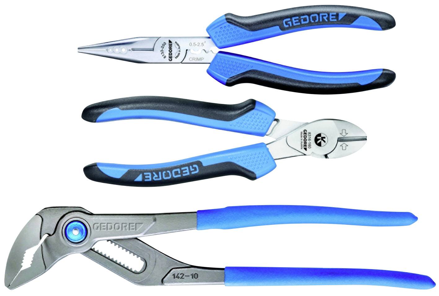 'Trois outils à main bleus et noirs : une pince à bec, un coupe-câble et une pince multiprise. Nom de marque 'GEDORE' visible.'