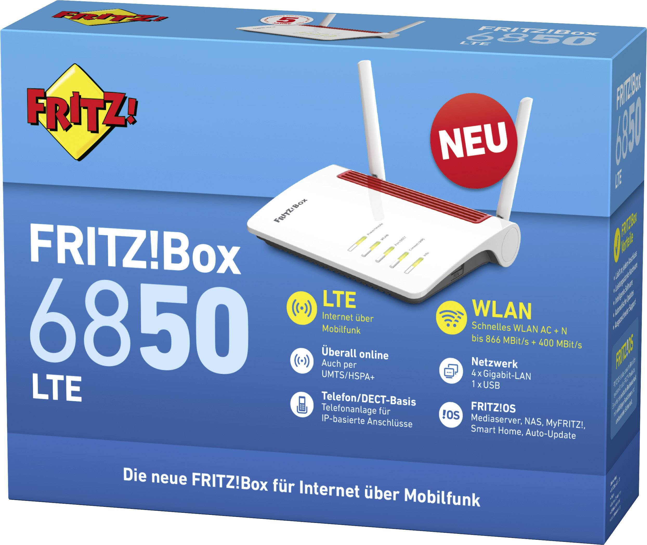 Emballage du 'FRITZ!Box 6850 LTE' montrant un routeur avec deux antennes. Le texte met l'accent sur les fonctionnalités LTE et Wi-Fi ainsi que sur les interfaces réseau.