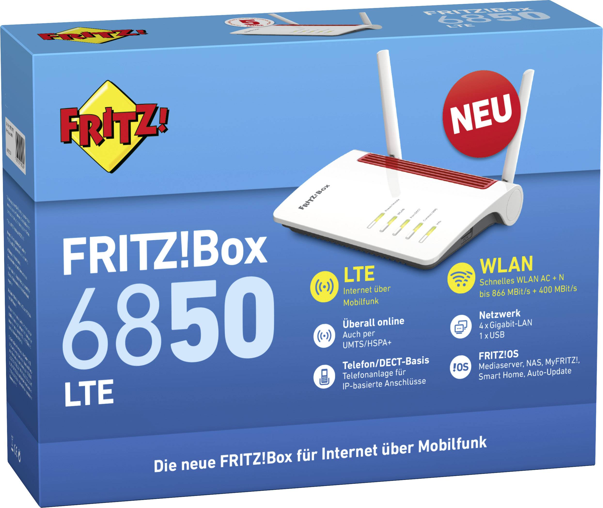 Emballage du routeur 'FRITZ!Box 6850 LTE' montrant les fonctions WLAN et LTE. 'NOUVEAU' est mis en évidence dans un cercle rouge.