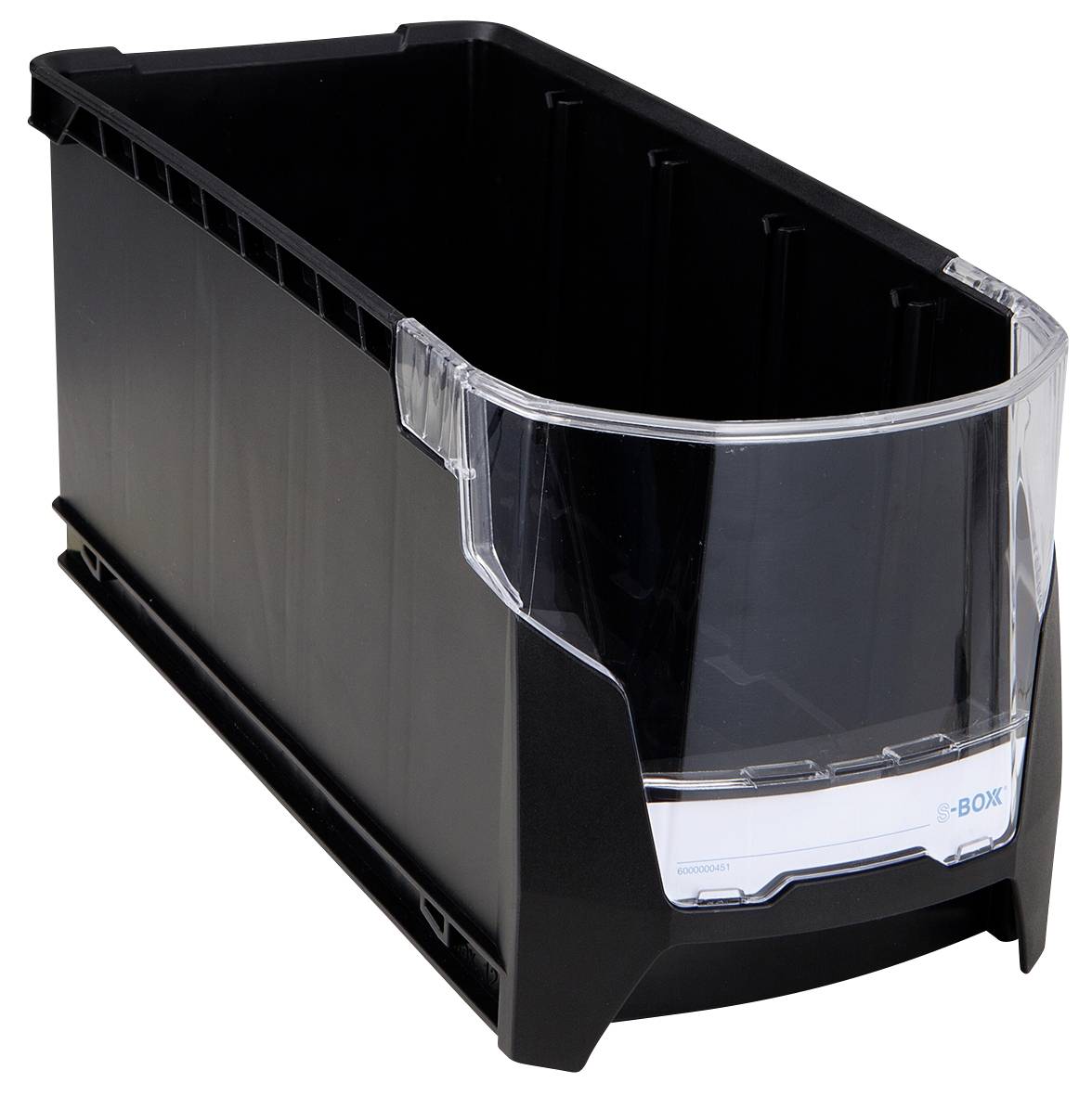 Boîte de rangement en plastique noir avec façade transparente. Adaptée à l'organisation et au stockage de petits objets.