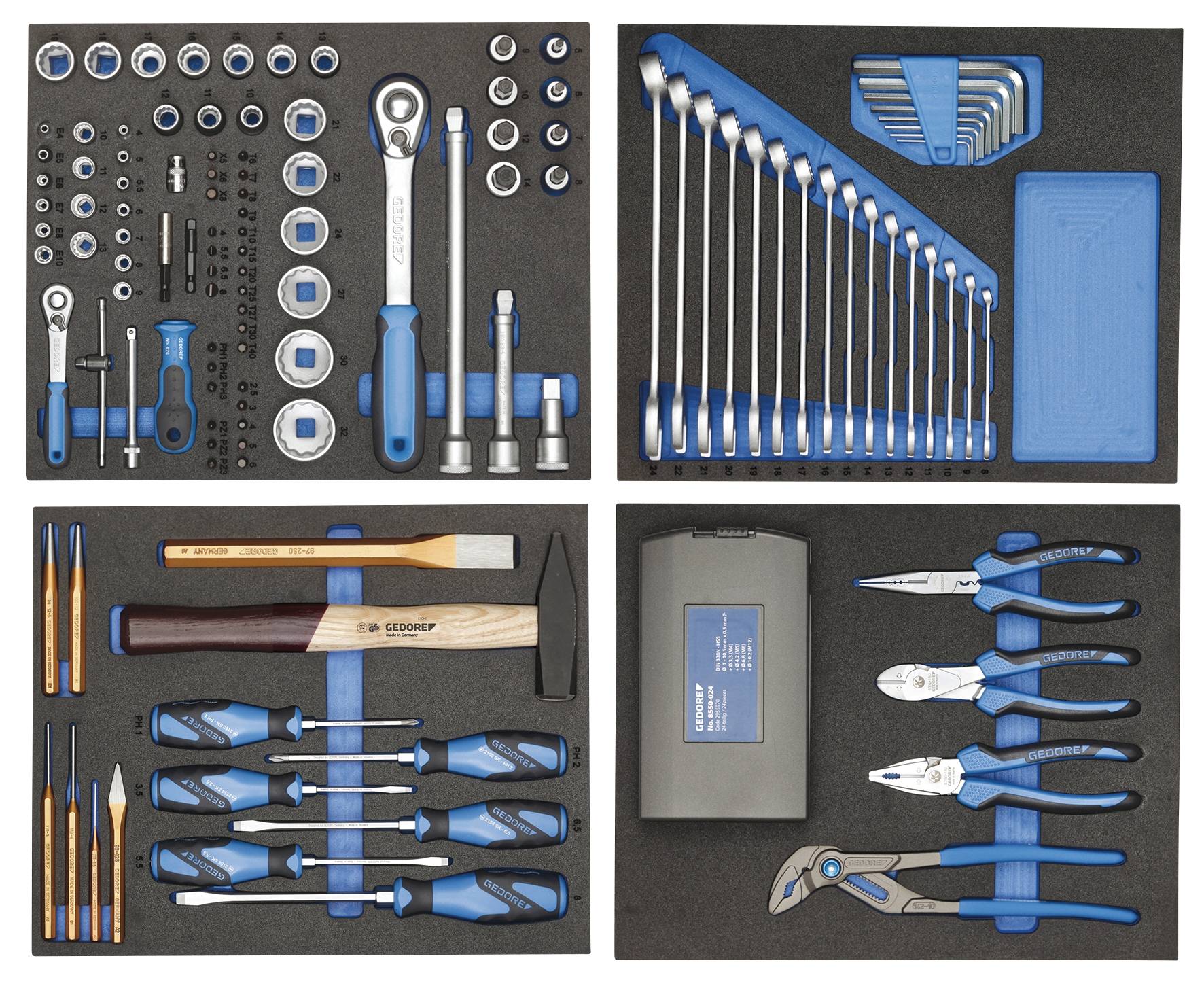 Une boîte à outils contenant divers instruments, notamment des clés, des tournevis, un marteau et des pinces, soigneusement rangés.