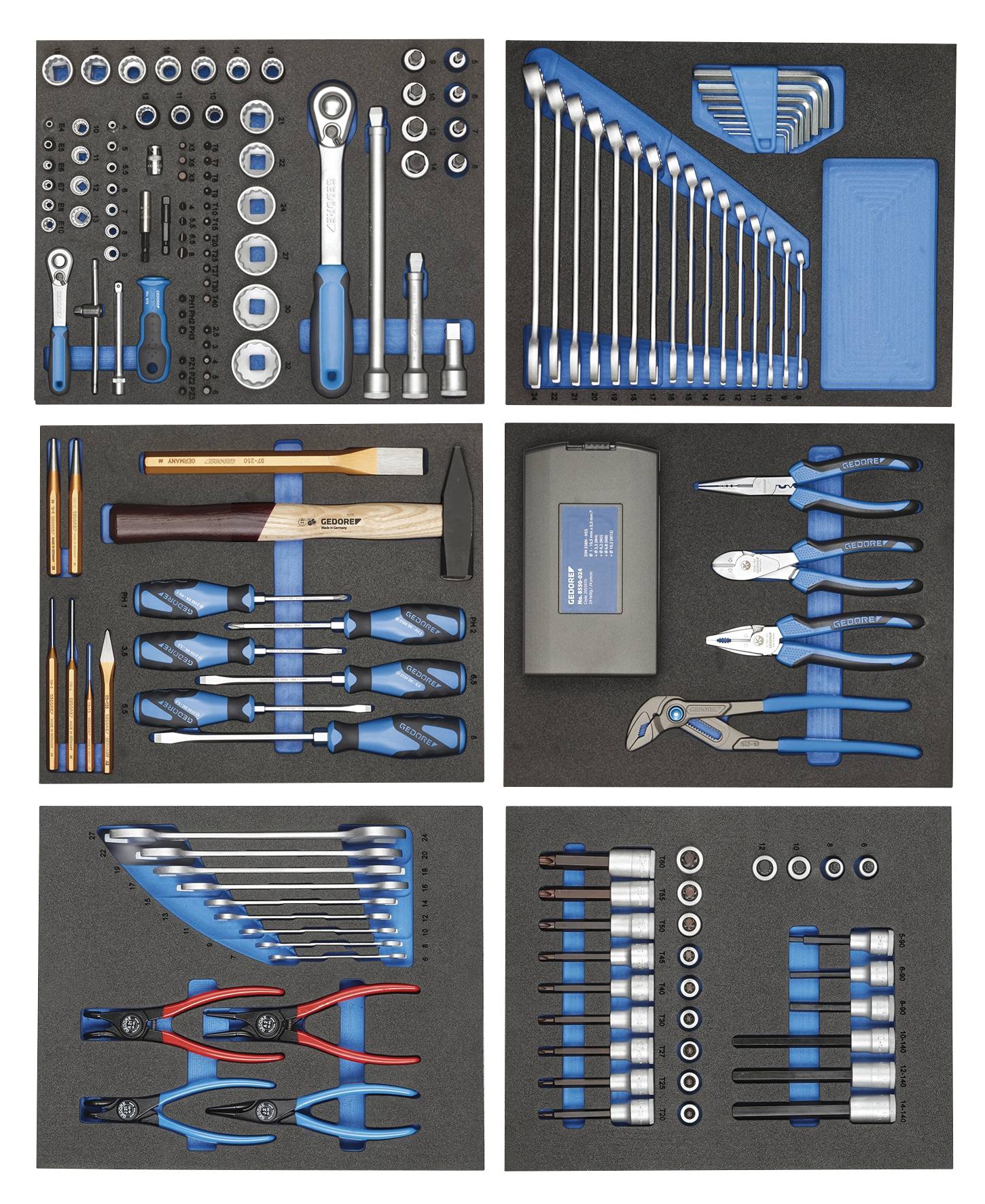 Boîte à outils contenant divers outils manuels tels que des clés, des pinces, un marteau et des tournevis, soigneusement rangés.
