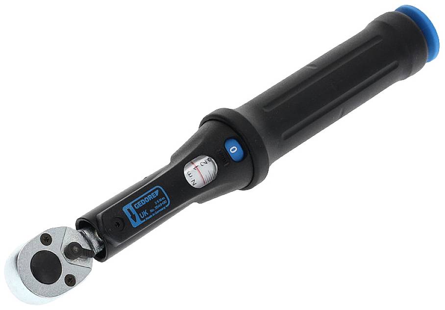 Une clé dynamométrique noire avec un accent bleu, utilisée pour serrer précisément des vis, dotée d'un indicateur de graduation réglable.