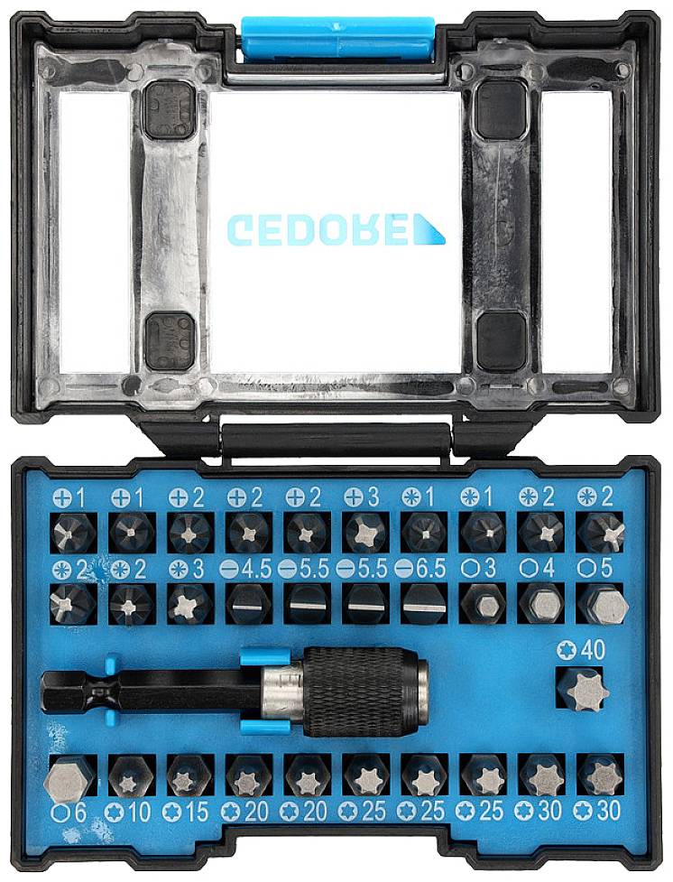 Coffret d'embouts de tournevis 'CEDORE' en boîte plastique ouverte. Contient différentes tailles d'embouts et un porte-embout.