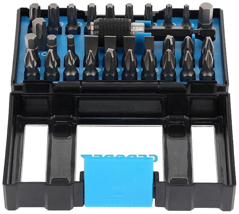 Un ensemble de différents embouts de tournevis dans un boîtier noir avec un fond bleu et un support.