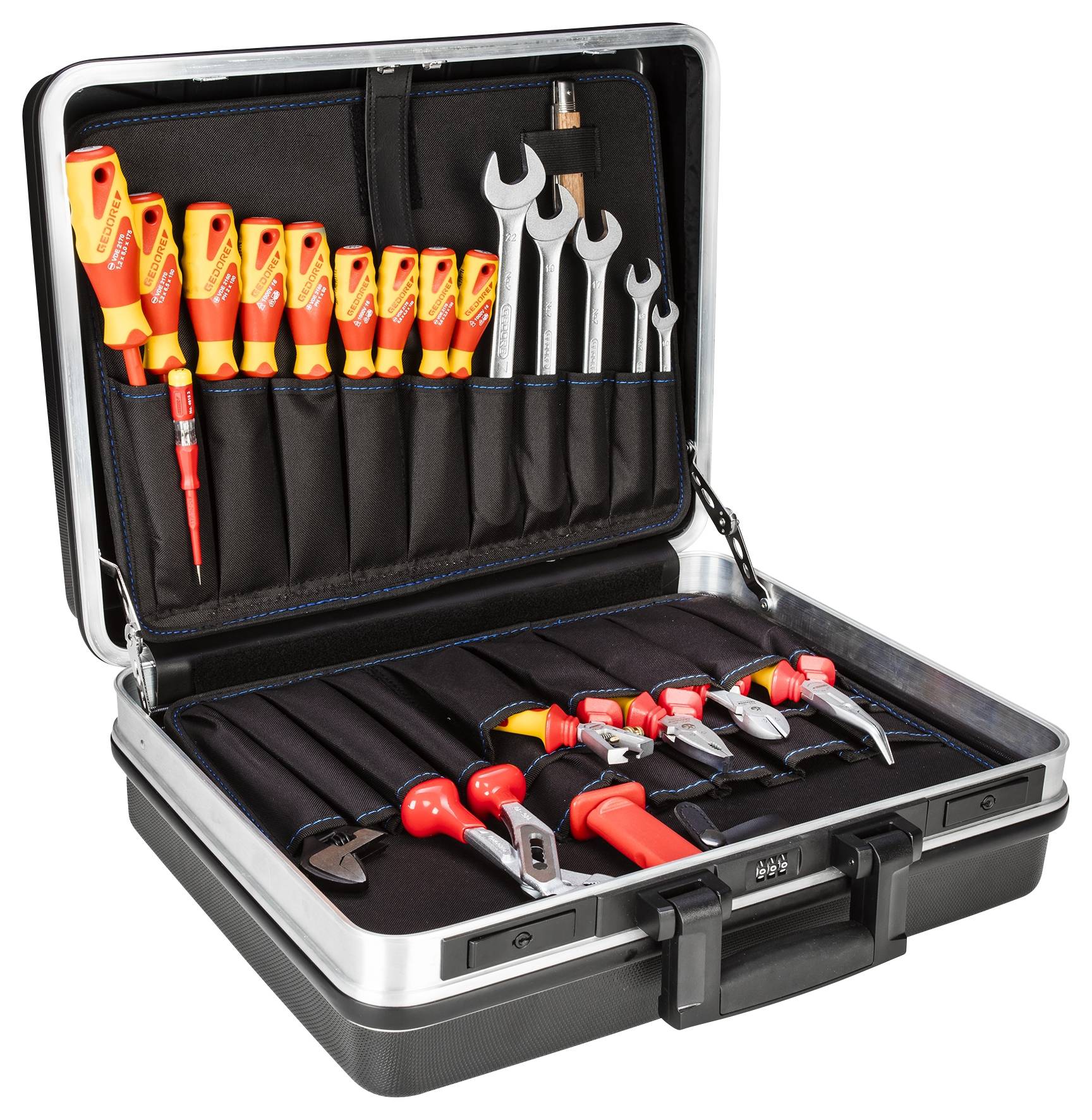 Une boîte à outils ouverte contenant des tournevis, des clés et des pinces, soigneusement rangés dans des compartiments.