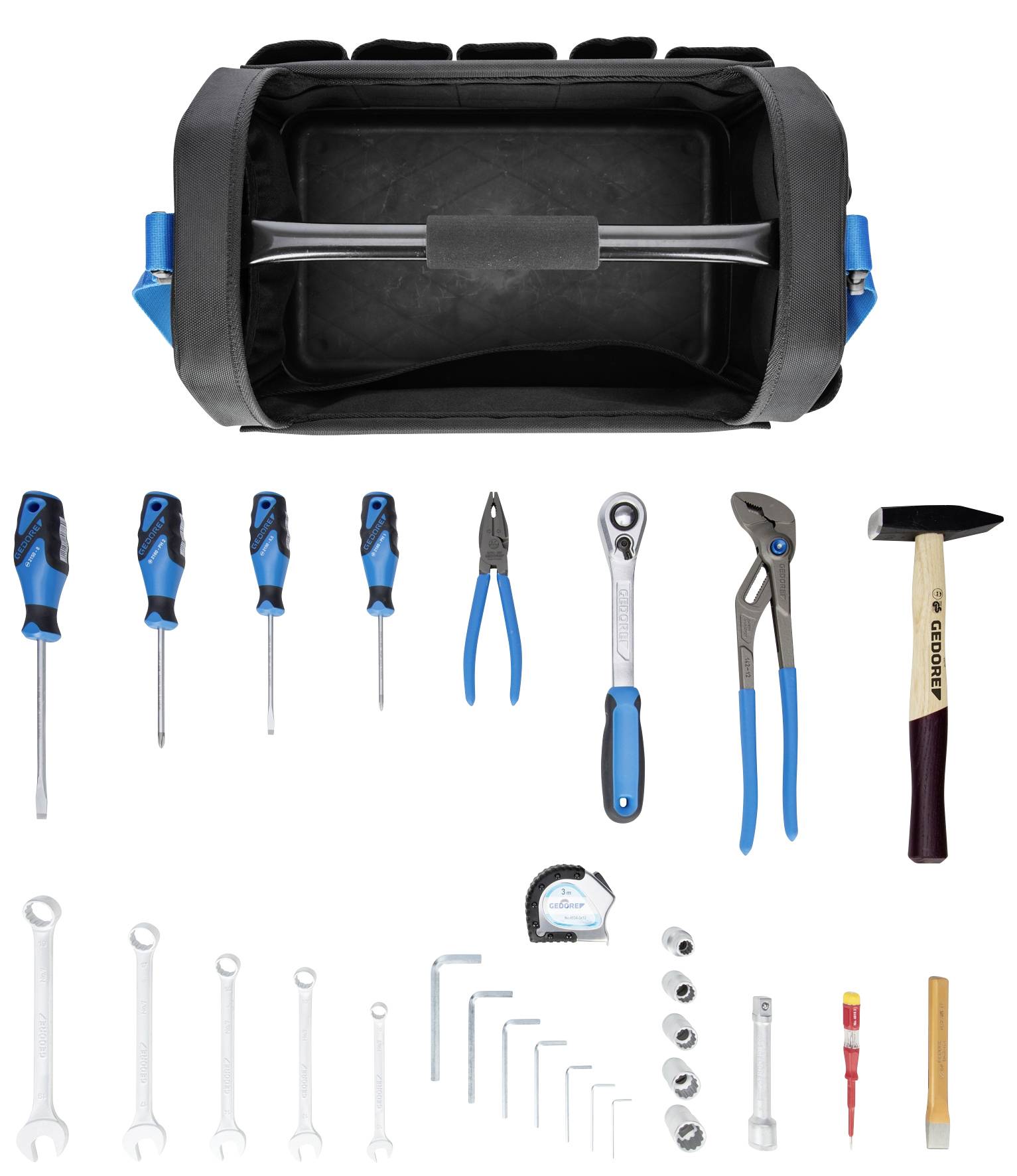 Ensemble d'outils : Comprend des tournevis, des pinces, des clés, un marteau et un mètre ruban, soigneusement disposés dans un sac de transport ouvert.