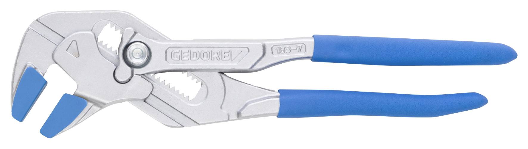 Une pince grise avec des poignées bleues, dont les mâchoires sont réglables. Outil utilisé pour fixer ou retirer des objets.