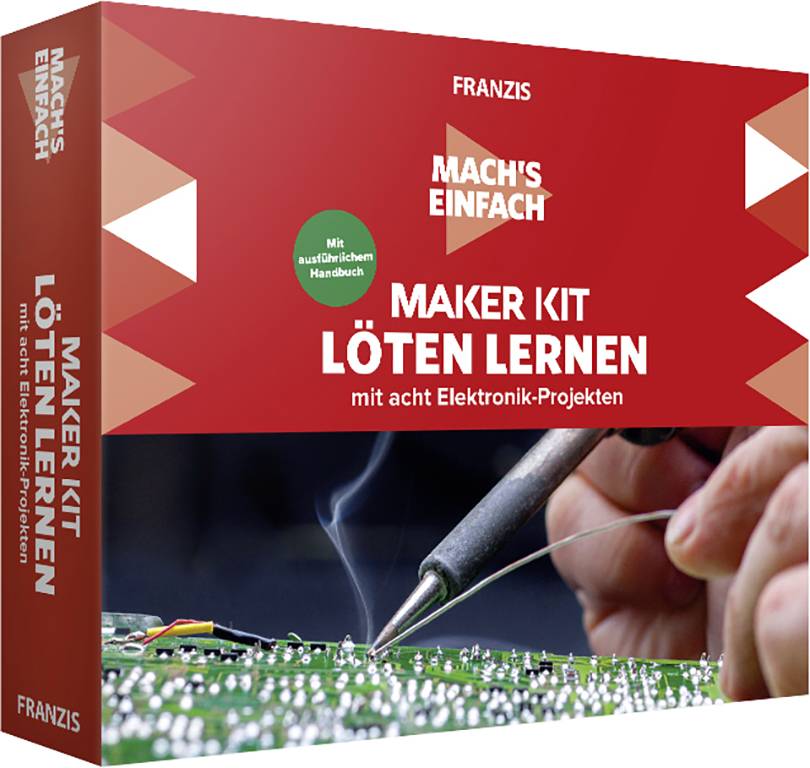Kit d'apprentissage de soudure de Maker de Franzis avec un guide pour huit projets électroniques. La photo montre un soudage sur un circuit imprimé.