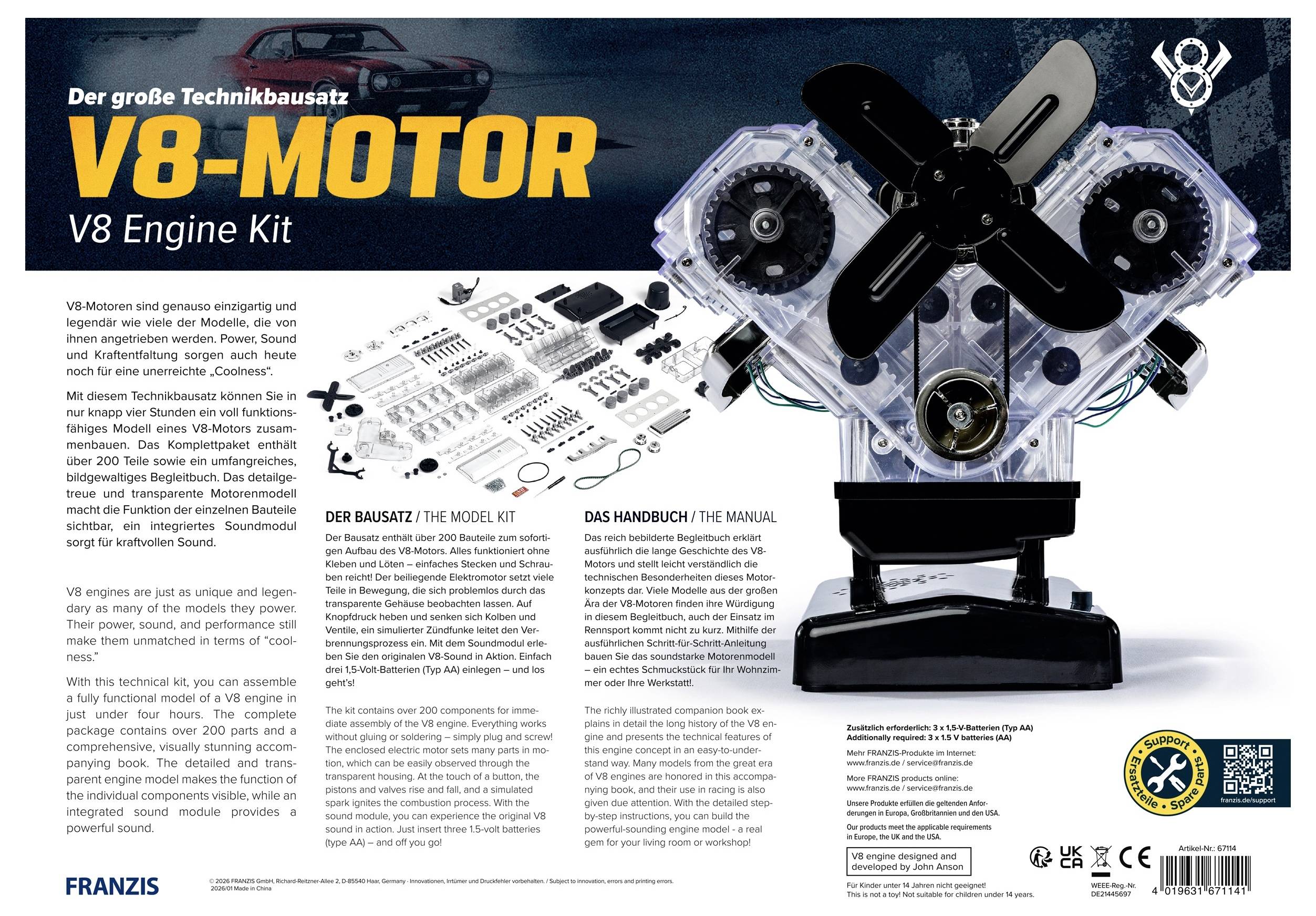 Illustration d'un moteur V8 avec des composants étiquetés, tels que l'alternateur, le radiateur d'huile et la culasse. Le texte explique la fascination du V8.