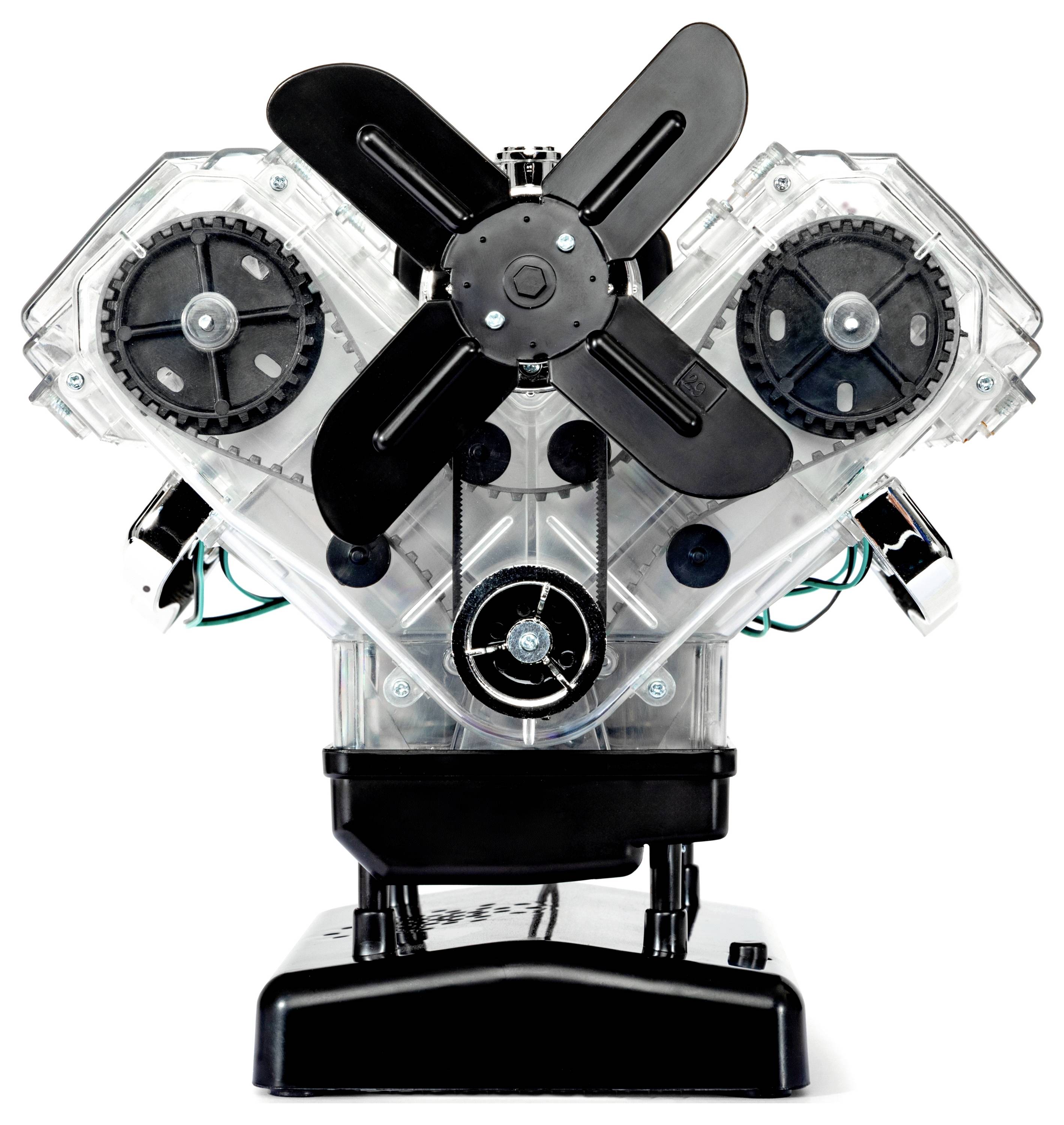 Un modèle transparent d'un moteur montre les poulies et les engrenages, démontrant le mécanisme interne à des fins pédagogiques.