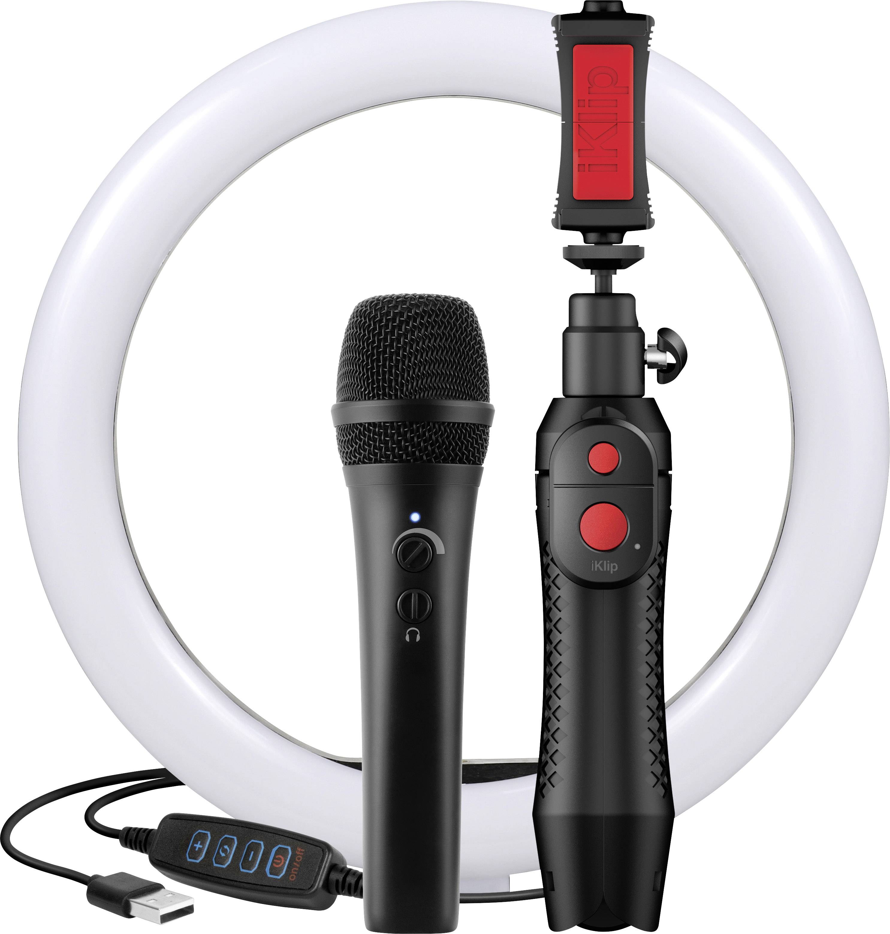 Microphone et ensemble d'éclairage annulaire avec connexion USB et panneau de commande ; adapté pour les vidéos et le streaming.