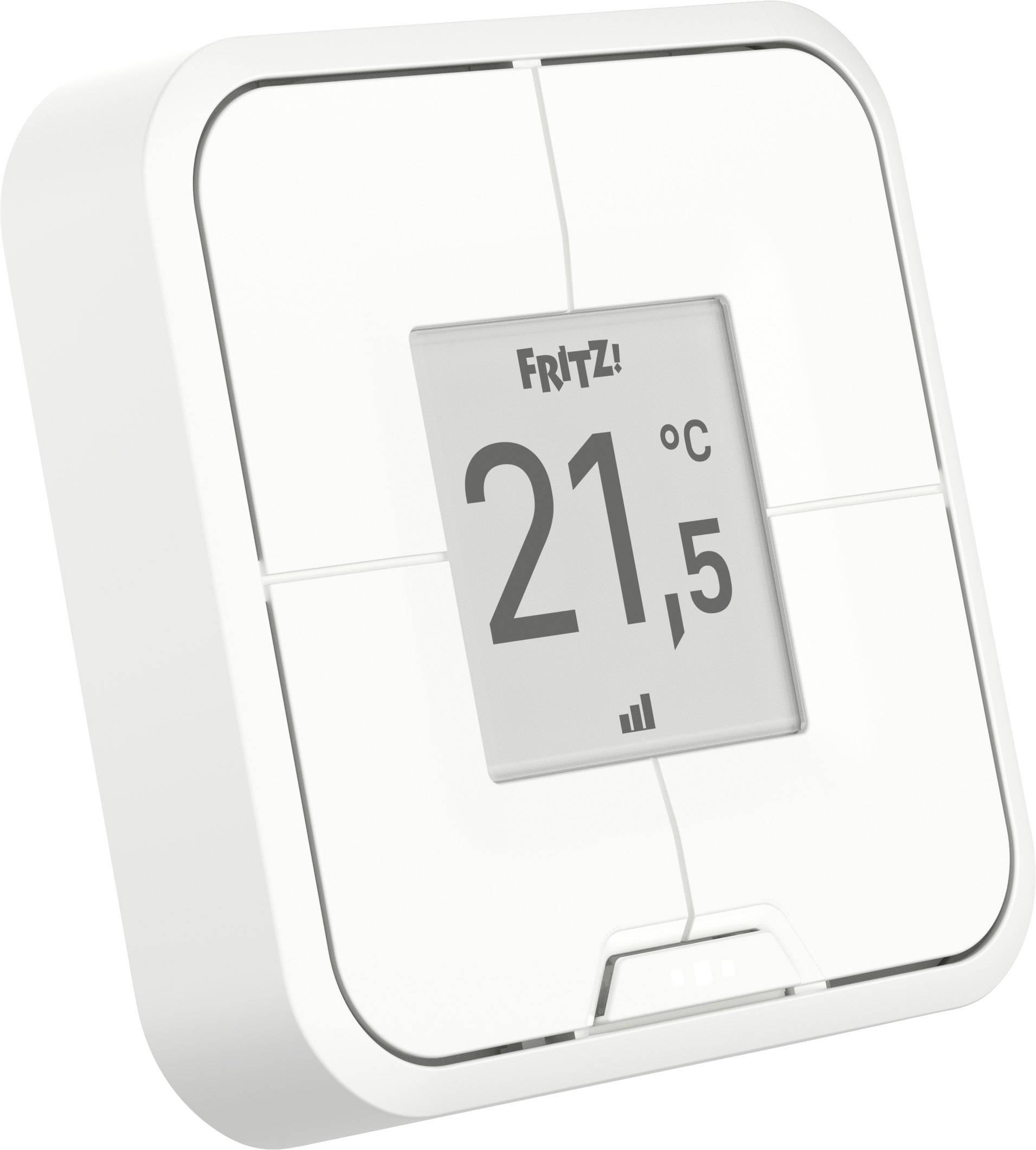 Un thermostat d'ambiance blanc affiche 'FRITZ!' et 21°C.