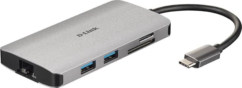 Un hub USB-C gris de D-Link avec port HDMI, deux ports USB 3.0, port Ethernet et lecteur de carte SD, adapté aux ordinateurs portables.