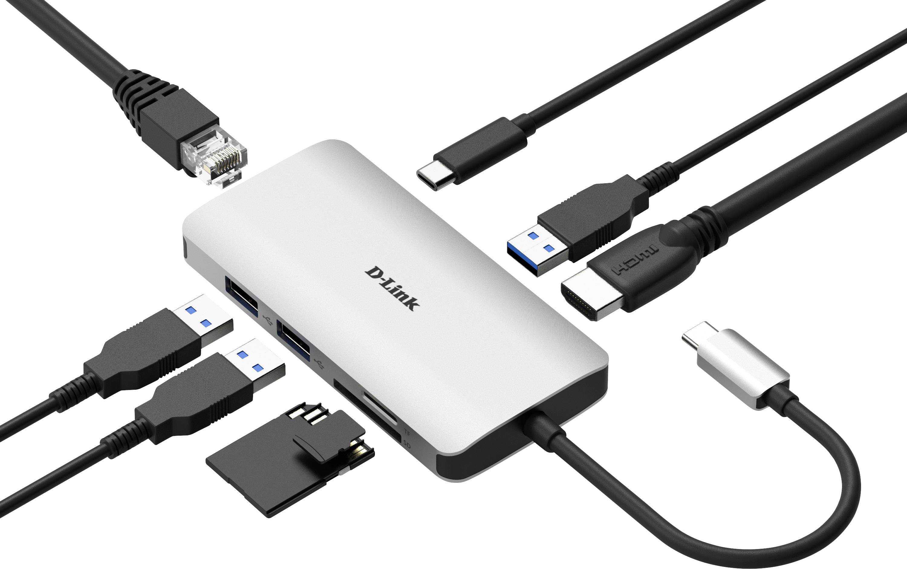 Hub USB multiports de D-Link avec connexions : deux ports USB 3.0, HDMI, Ethernet, USB-C et emplacements pour carte SD. Idéal pour une connectivité étendue.