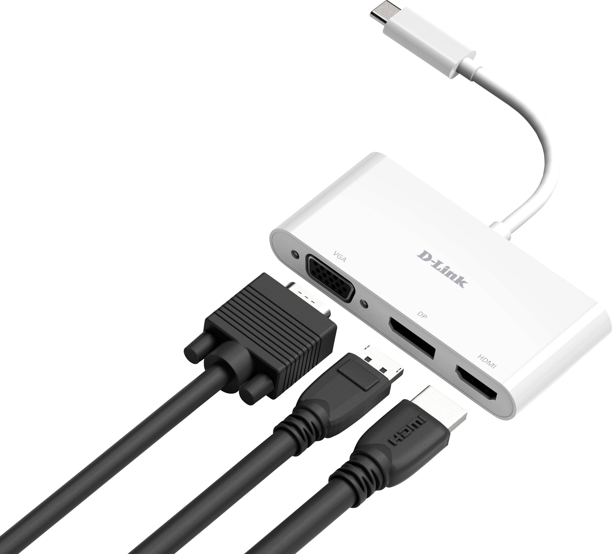 Une boîte d'adaptation blanche avec un câble USB-C relié à trois câbles pour HDMI, DVI et VGA.
