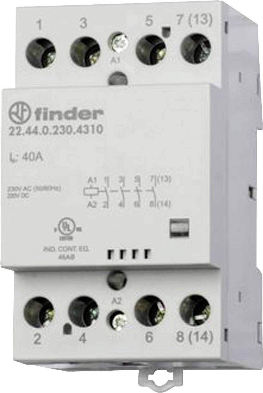 Un relais blanc de la marque Finder, modèle 22.44.0.230.4310, pour 40A, avec bornes supérieures et inférieures, adapté pour 230V AC.