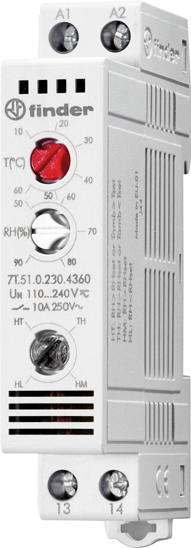Module thermo-hygro électronique de Finder avec échelles pour la température (rouge) et l'humidité (blanche) sur la face avant.