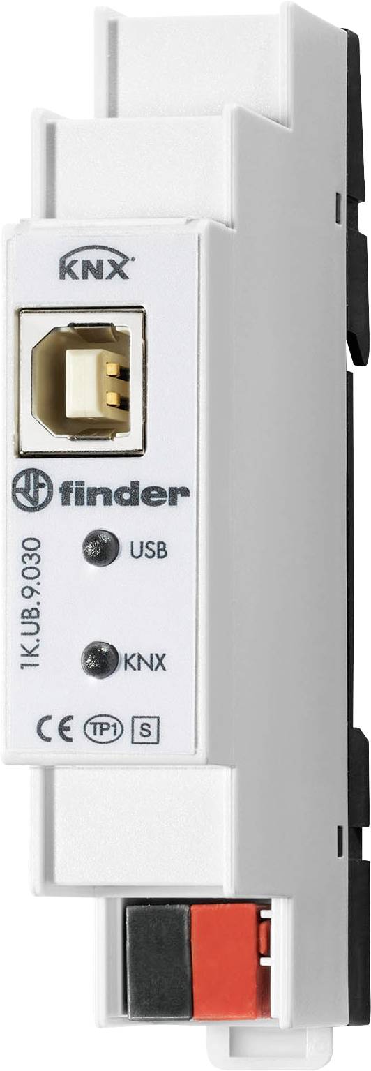 Un module KNX de Finder avec des connexions USB et KNX, numéro de modèle 9.030, pour l'intégration dans des systèmes domotiques.