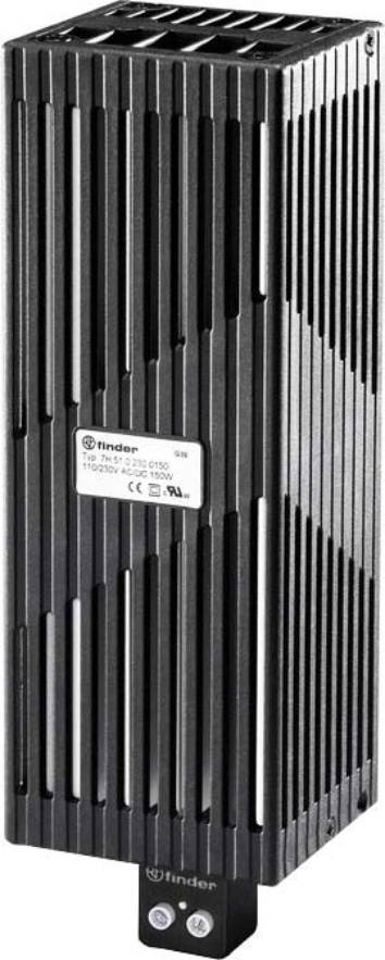 Un appareil de chauffage industriel vertical noir de Finder. Il présente un design à ailettes pour la distribution de la chaleur.